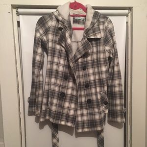 Plaid Grey and White Coat with Belt